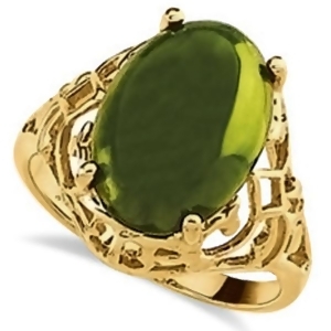 Green Jade Ring Cabochon Cut Carved 14x10mm 14k Yellow Gold - All