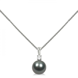 Diamond and Tahitian Black Pearl Solitaire Pendant 14K White Gold 9-10mm - All