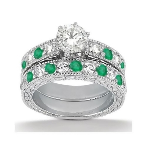 Antique Diamond and Emerald Bridal Set 14k White Gold 1.75ct - All