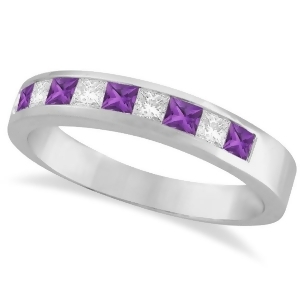 Princess Channel-Set Diamond and Amethyst Ring Band 14K White Gold - All