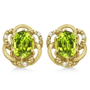 Oval Green Peridot and Diamond Stud Earrings in 14K Yellow Gold 3.05ct - All