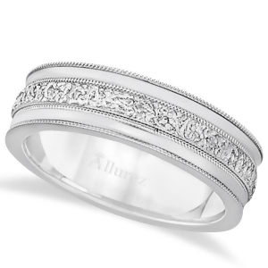 Carved Men's Wedding Ring Diamond Cut Band 18k White Gold 7 mm - All