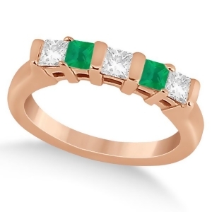 5 Stone Diamond and Green Emerald Princess Ring 14K Rose Gold 0.56ct - All
