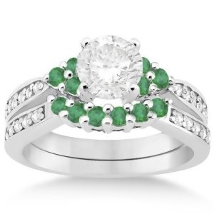Floral Diamond and Emerald Engagement Ring and Band 14k W. Gold 0.56ct - All