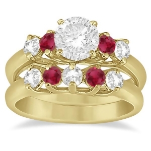 Five Stone Diamond and Ruby Bridal Ring Set 14k Yellow Gold 1.10ct - All
