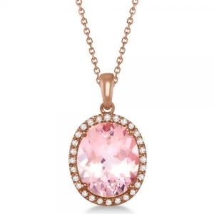 Oval Halo Diamond andMorganite Pendant Necklace 14K Rose Gold 3.95ct - All