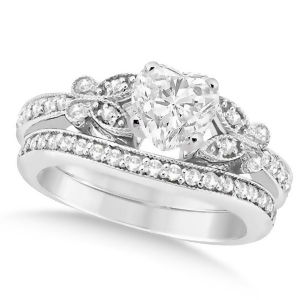 Heart Diamond Butterfly Design Bridal Ring Set 14k White Gold 1.21ct - All