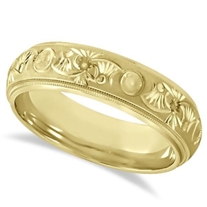 Hand Engraved Floral Wedding Ring in 14k Yellow Gold 6mm - All