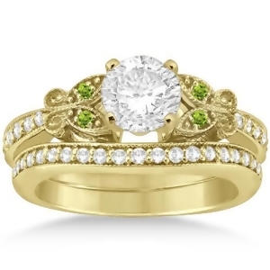Butterfly Diamond and Peridot Bridal Set 14k Yellow Gold 0.42ct - All