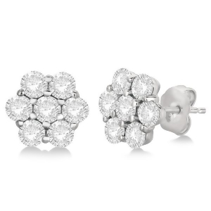 Flower Shaped Diamond Cluster Stud Earrings 14K White Gold 3.50ct - All