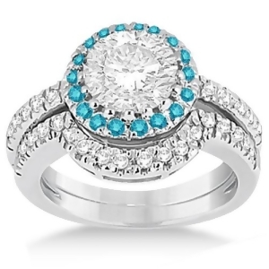 Halo Blue Diamond Engagement Ring Bridal Set 14k White Gold 0.51ct - All