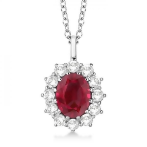 Oval Ruby and Diamond Pendant Necklace 14k White Gold 3.60ctw - All