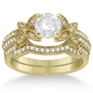 Butterfly Diamond and Pink Sapphire Bridal Set 14K Yellow Gold 0.39ct - All
