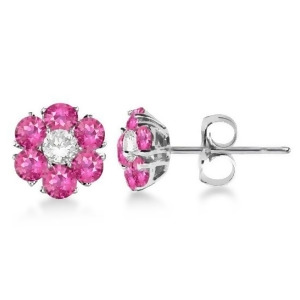 Pink Sapphire and Diamond Flower Cluster Earrings 14K W Gold 1.25ct - All