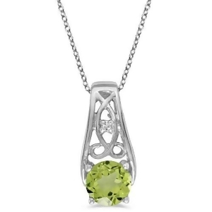 Antique Style Peridot and Diamond Pendant Necklace 14k White Gold - All