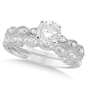 Petite Antique-Design Diamond Bridal Set in 14k White Gold 0.58ct - All