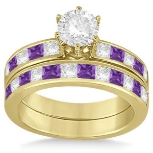 Channel Amethyst and Diamond Bridal Set 14k Yellow Gold 1.30ct - All