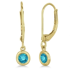 Leverback Dangling Drop Blue Diamond Earrings 14k Yellow Gold 0.40ct - All
