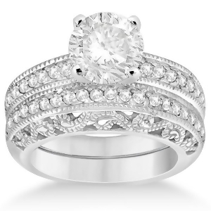 Vintage Filigree Diamond Bridal Ring Set 14K White Gold 0.64ct - All
