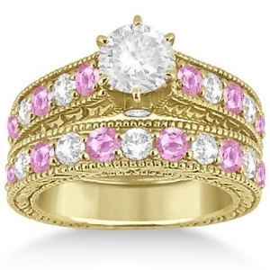 Antique Diamond and Pink Sapphire Bridal Set in 14k Yellow Gold 2.87ct - All