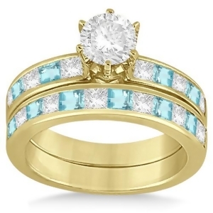 Channel Aquamarine and Diamond Bridal Set 18k Yellow Gold 1.30ct - All