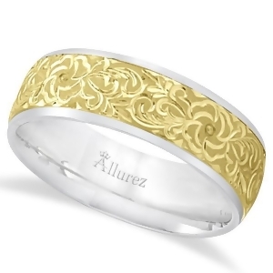 Hand-engraved Flower Wedding Ring Wide Band 14k Two Tone Gold 7mm - All