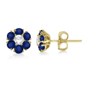 Diamond and Sapphire Flower Cluster Earrings 14K Yellow Gold 1.91ctw - All
