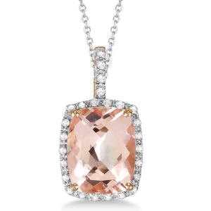 Diamond and Cushion Morganite Pendant Necklace 14k Rose Gold 2.61ct - All