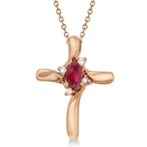 Ruby and Diamond Cross Necklace Pendant 14k Rose Gold - All