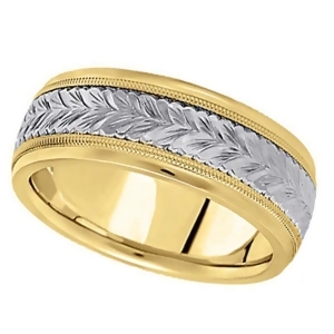 Hand Engraved Two Tone Wedding Band Carved Ring in 18k Gold 6.5mm - All