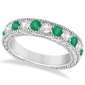 Antique Diamond and Emerald Wedding Ring Band 18k White Gold 1.28ct - All