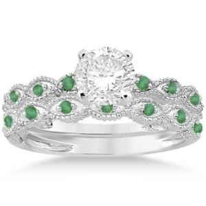 Antique Emerald Engagement Ring and Wedding Band 14k White Gold 0.36ct - All