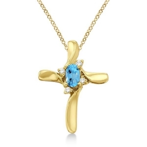 Blue Topaz and Diamond Cross Necklace Pendant 14k Yellow Gold - All