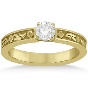 Hand-carved Flower Design Solitaire Engagement Ring in 18k Yellow Gold - All