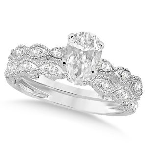 Pear-cut Antique Style Diamond Bridal Set in 14k White Gold 1.08ct - All
