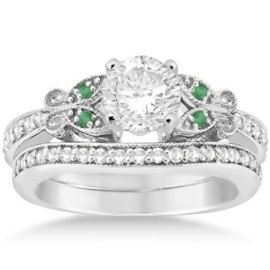 Butterfly Diamond and Emerald Bridal Set 14k White Gold 0.42ct - All