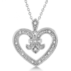 Diamond Fleur De Lis Heart Pendant Necklace Sterling Silver 0.10ct - All