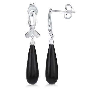 Cabochon Cut Teardrop Black Onyx Drop Earrings Sterling Silver 9.31ctw - All