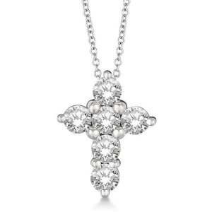 Prong Set Round Diamond Cross Pendant Necklace 14k White Gold 1.05ct - All