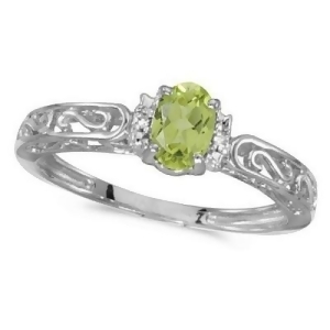 Oval Peridot and Diamond Filigree Antique Style Ring 14k White Gold - All