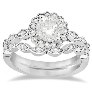 Floral Diamond Halo Bridal Set Ring and Band 14k White Gold 0.36ct - All
