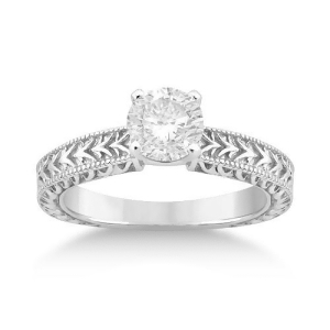 Antique Engraved Solitaire Engagement Ring Setting 18k White Gold - All