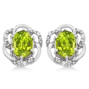 Oval Green Peridot and Diamond Stud Earrings in 14K White Gold 3.05ct - All