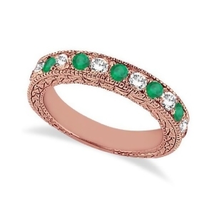 Antique Diamond and Emerald Wedding Ring 14kt Rose Gold 1.03ct - All