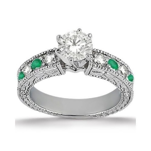Antique Diamond and Emerald Engagement Ring 18k White Gold 0.72ct - All