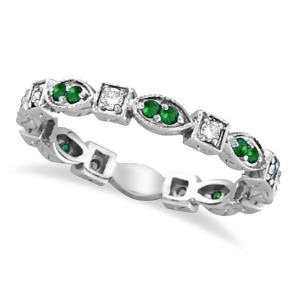 Emerald and Diamond Eternity Ring Anniversary Band 14k White Gold - All