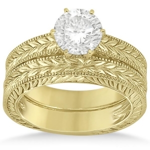 Vintage Carved Filigree Solitaire Bridal Set in 14k Yellow Gold - All