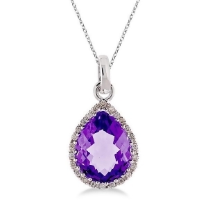 Pear Shaped Amethyst and Diamond Pendant Necklace 14k White Gold - All