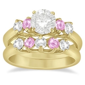 5 Stone Diamond and Pink Sapphire Bridal Ring Set 14k Yellow Gold 1.10ct - All