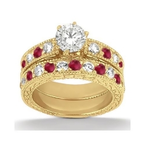 Antique Diamond and Ruby Bridal Set 18k Yellow Gold 1.80ct - All
